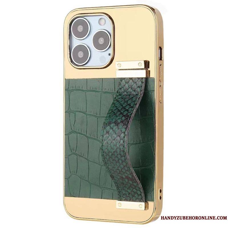 Coque iPhone 14 Simili Cuir Crocodile avec Sangle Support