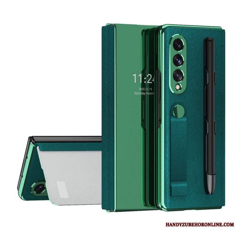 Flip Cover Samsung Galaxy Z Fold 3 5G Miroir Porte-Stylet et Sangle