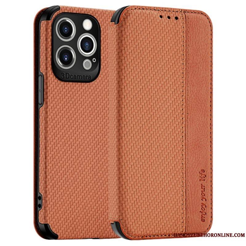 Flip Cover iPhone 14 Pro Fibre Carbone Fermoir Ventouse