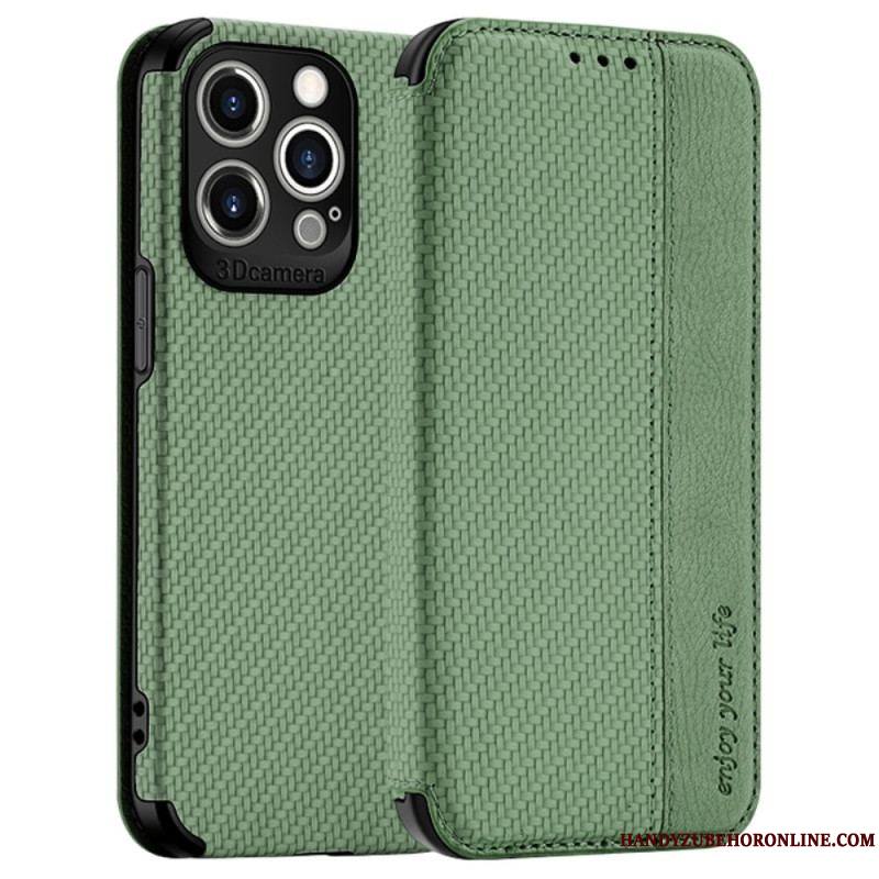 Flip Cover iPhone 14 Pro Max Fibre Carbone Fermoir Ventouse