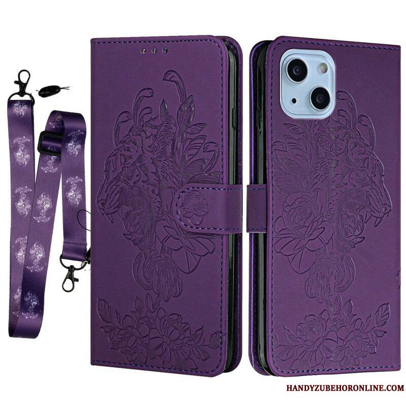 Housse iPhone 13 Mini Tigre Baroque à Lanière