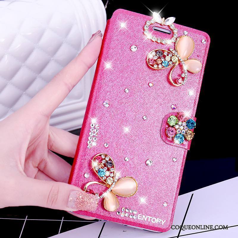 Huawei G9 Plus Étui En Cuir Clamshell Rose Incassable Incruster Strass Coque De Téléphone