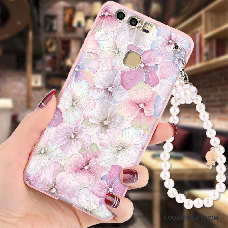 Huawei P9 Coque Silicone Étui Ornements Suspendus Rose Protection Fluide Doux Gaufrage