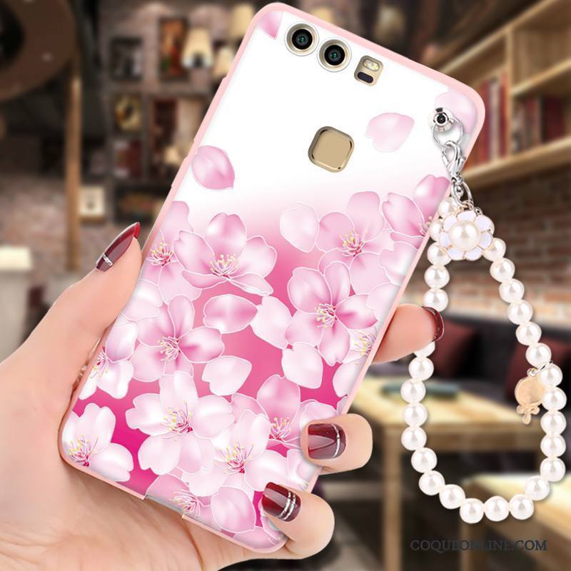 Huawei P9 Coque Silicone Étui Ornements Suspendus Rose Protection Fluide Doux Gaufrage