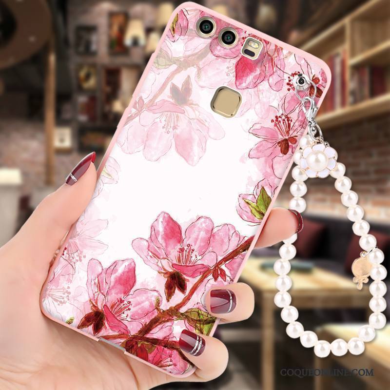 Huawei P9 Coque Silicone Étui Ornements Suspendus Rose Protection Fluide Doux Gaufrage