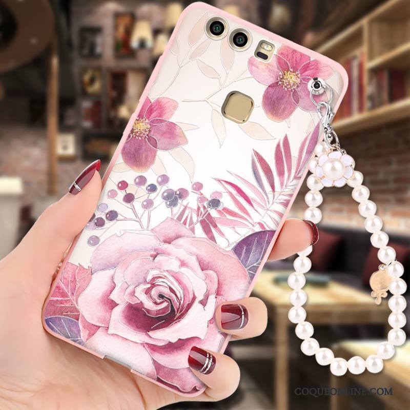 Huawei P9 Coque Silicone Étui Ornements Suspendus Rose Protection Fluide Doux Gaufrage