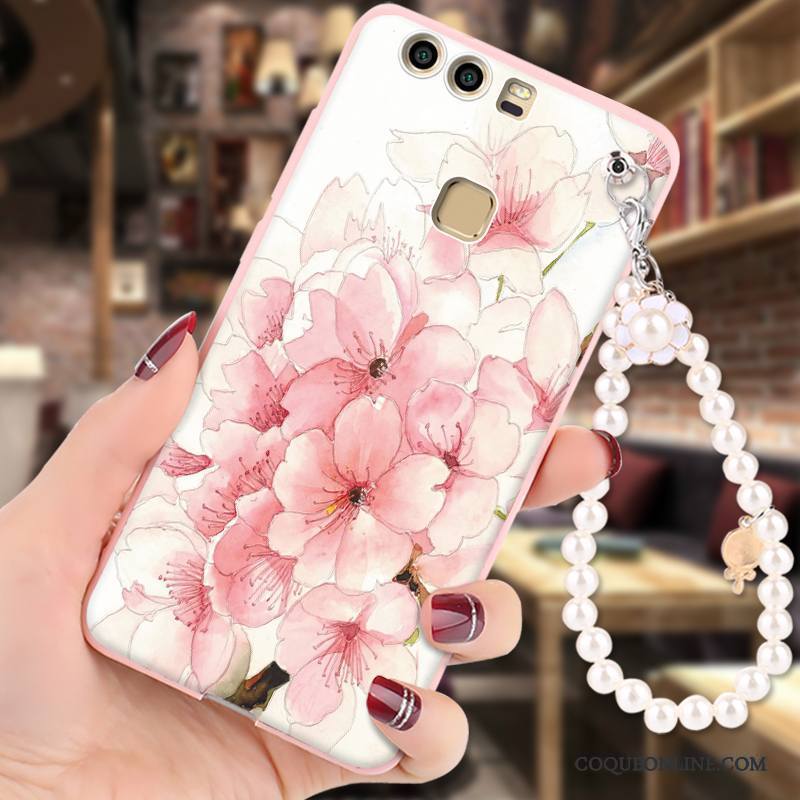 Huawei P9 Coque Silicone Étui Ornements Suspendus Rose Protection Fluide Doux Gaufrage