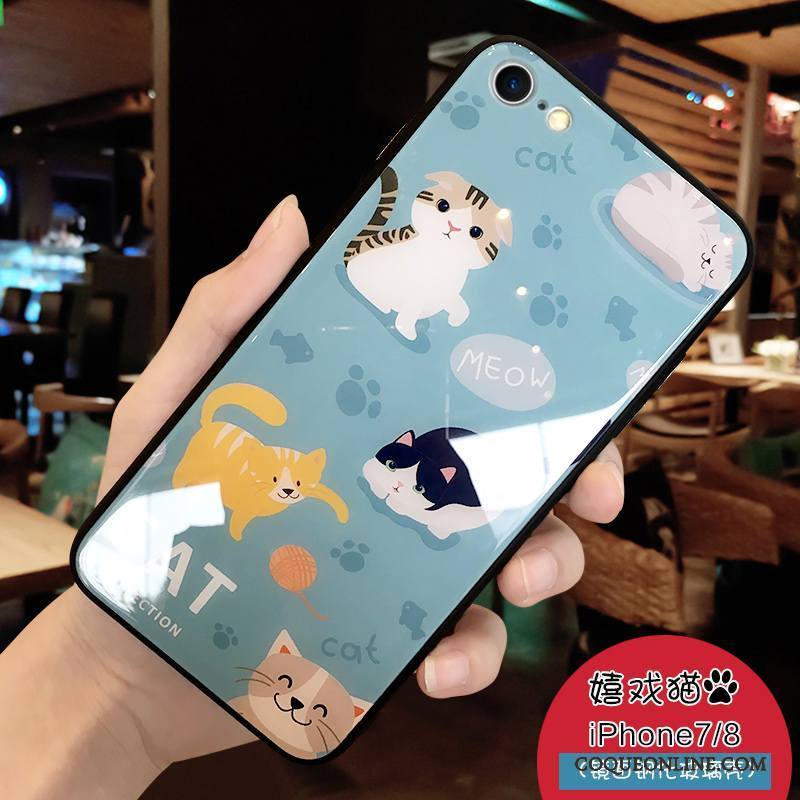 iPhone 8 Plus Coque Verre Dessin Animé Incassable Bleu Créatif Marque De Tendance Personnalité