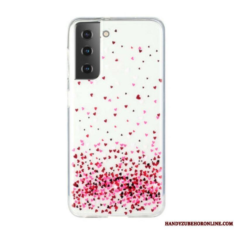 Coque Samsung Galaxy S21 Plus 5G Transparente Multiples Coeurs Rouges