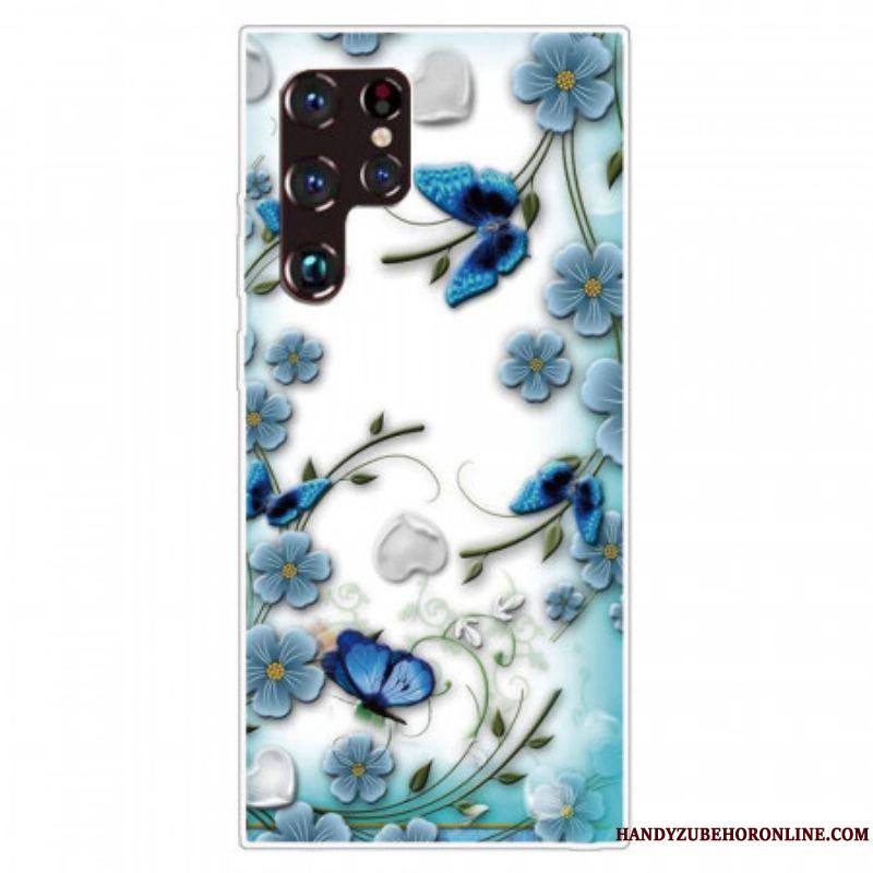 Coque Samsung Galaxy S22 Ultra 5G Papillons et Fleurs Rétros